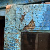 Armoire vitrine ancienne bleue patinée, meuble de métier vintage, bois et verre