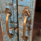 Armoire vitrine ancienne bleue patinée, meuble de métier vintage, bois et verre